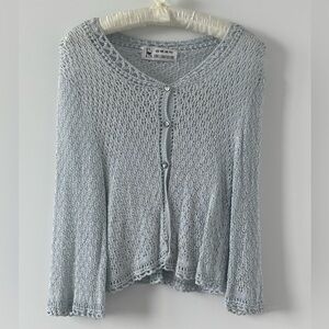 🎁 VINTAGE 90s Baby Pale Blue Crochet Knit Cardigan Sweater Top Belle Sleeve